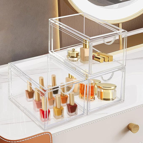 2 Pack Clear Stackable Storage Drawer, Bathroom Makeup Organizer, Plastic Storage Bins, Acrylic Organization and Storage for Vanity, Kitchen Cabinets, Pantry, Undersink