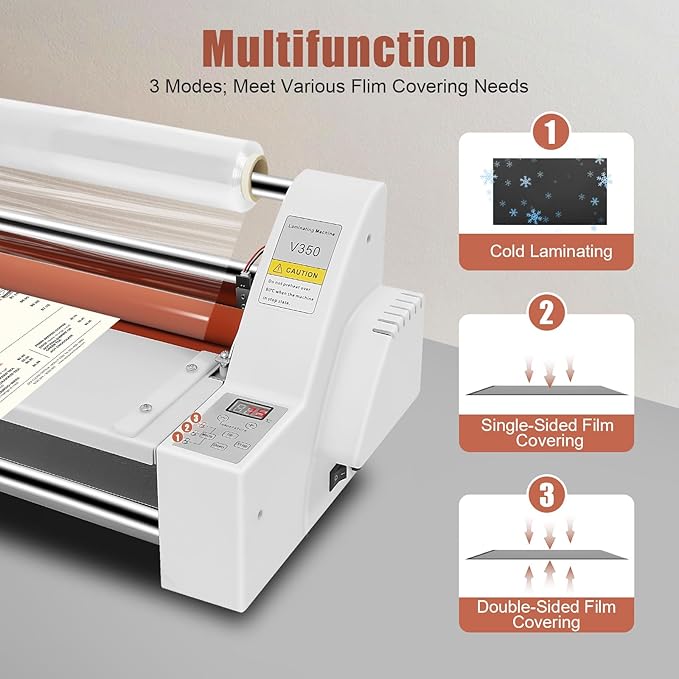 V350 Hot Cold Roll Laminator, 110V Digital Control Thermal Hot Cold Roll Laminator with 2 Heating Modes, Commercial Laminating Machine with Digital Control Panel, Used for Cross-Patterned Films