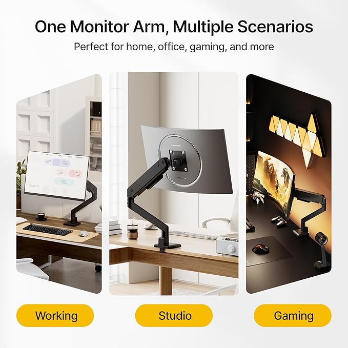 monTEK Single Monitor Arm for Max 45 Inch Ultrawide Screens Adjustable Monitor Desk Mount Holds 35 Lbs Cable Management with Clamp/Grommet Desk Mount, VESA 75/100mm, MA1007BK