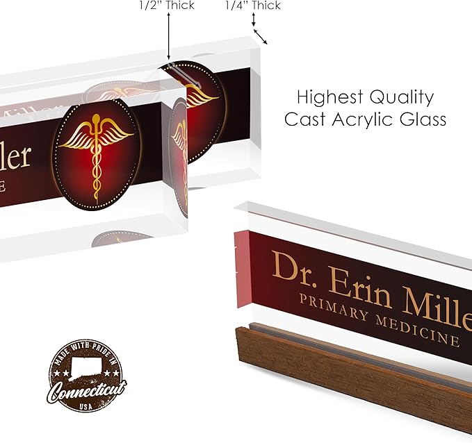 Artblox Personalized Office Desk Name Plate and Business Card Holder | Clear Acrylic Glass with Teak Wood Stand | Doctor Design Customized with Your Name and Credentials Office Desk Decor