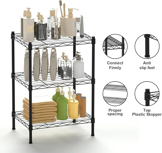3-Tier Heavy Duty Wire Shelving Unit with Lockable Wheels, Metal Storage Rack for Garage, Pantry, Kitchen & Living Room, 39.4" H × 36.9" L × 18.6" D