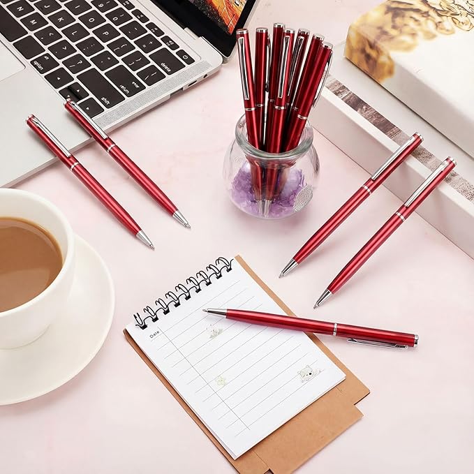 Zonon 15 Pcs Red Metal Slim Ballpoint Pens Bulk Retractable Metallic Black Ink 1 mm Medium Point Smooth Writing Pens for Wedding Business Office Supplies Students Teachers Men Women Present