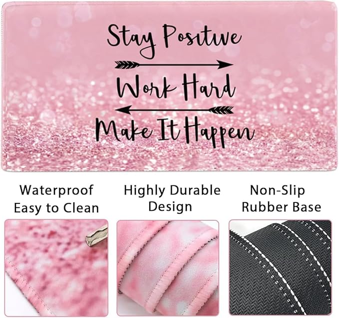 4-in-1 Gaming Mouse Pad Wrist Support Set，Desk Pad + Mouse Pad with Wrist Rest + Keyboard Wrist Rest + Coaster, Ergonomic Design for Home Office Study Game - Pink Stay Positive