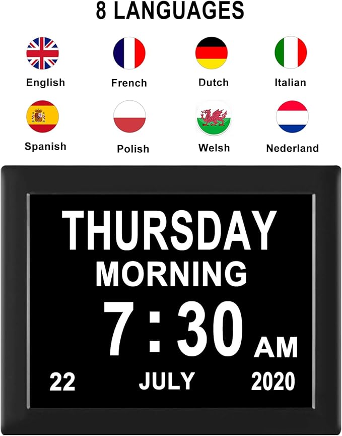 7.85 Inch Dementia Clock for Seniors - Extra Large Display Digital Wall Clock with Day & Date, 12 Custom Alarms - High Contrast for Low Vision, Memory Care (Black)