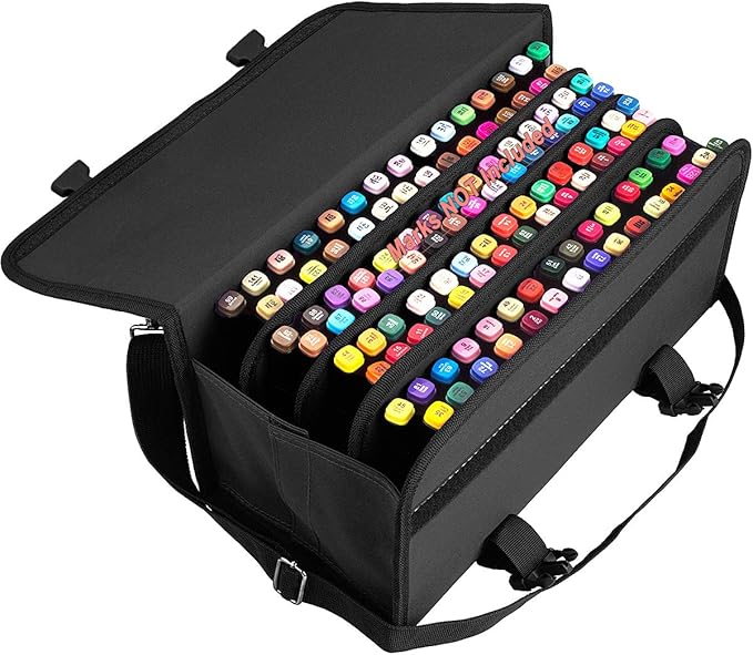ADVcer Marker Case 120 Storage Holders, Foldable Extendable Oxford Lipstick Organizer with Carrying Handle, Shoulder Strap, QR Buckle, Zip Pocket for Copic, Prismacolor, Dry Erase, Color Paint Markers