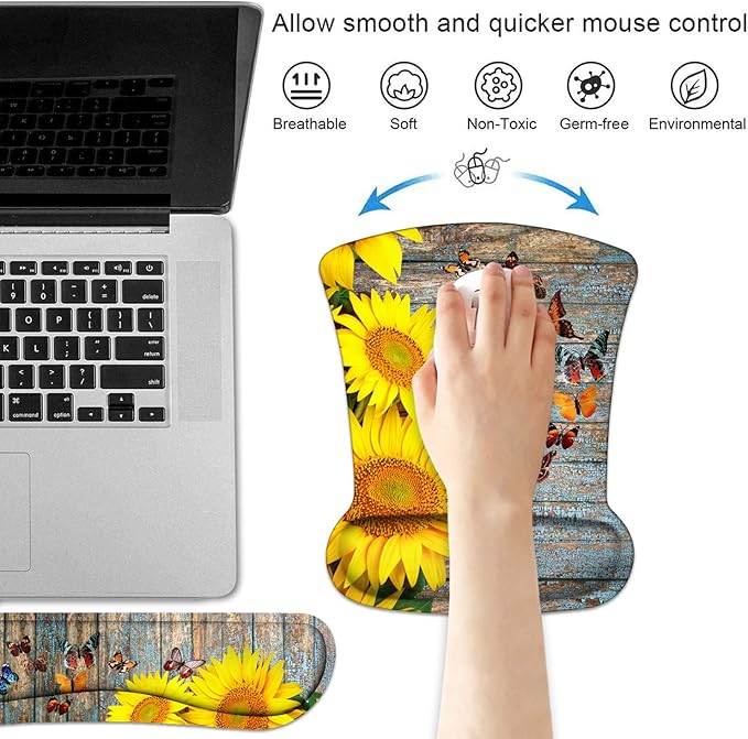 Keyboard Wrist Rest and Mouse Pad Wrist Support Set with Coasters, Non-Slip PU Base Ergonomic Gaming Mousepad for Computer Laptop Home Office Easy Typing & Pain Relief - Sunflower and Butterfly