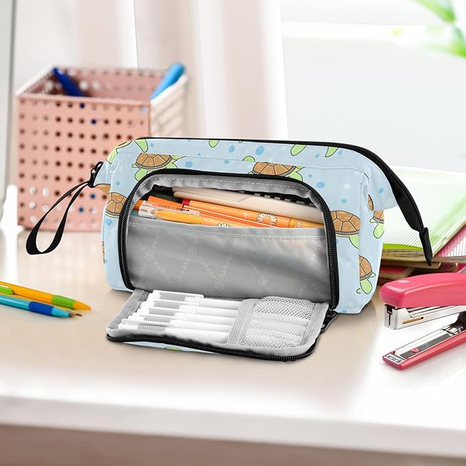 Cartoon Turtles Blue Pencil Case Pouch Big Capacity Pencil Bag Box Organizer Pen Case with Compartmens Stationery Organizer for Teen Girls Boy College Women School