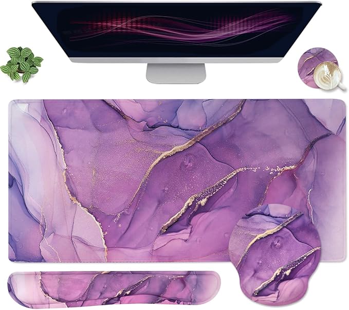 4-in-1 Gaming Mouse Pad Wrist Support Set，Desk Pad + Mouse Pad with Wrist Rest + Keyboard Wrist Rest + Coaster, Ergonomic Design for Home Office Study Game - Purple