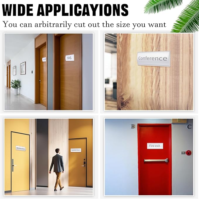 Therwen 6 Pcs Aluminum Office Name Plate Holder for Door Wall Mount 8'' x 3'' Business Sign Holder Office Door Sign Sturdy Curved with Plastic Film and Adhesive Tape (Silver)