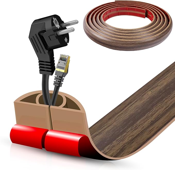 Floor Cord Cover Self Adhesive Cord Hider,10FT Cable Management, Extension Strip Protector for Wires, Prevent Cable Trips for Offices, Gyms, Exhibitions Cavity:0.51"(W) x 0.3"(H) Wood Walnut