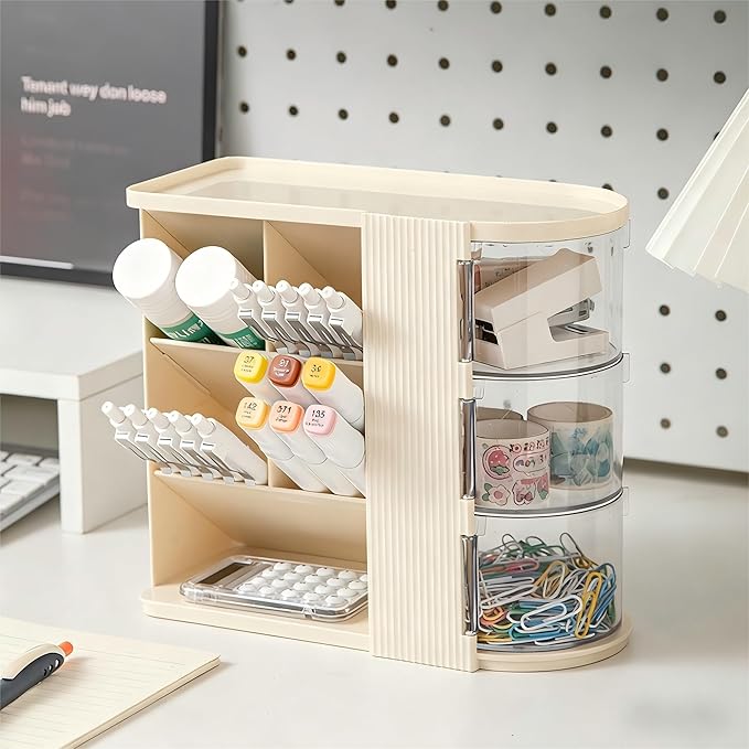 Desk Organizer with 3 Rotatable Drawer, Multi-Functional Pencil Pen Holder for Desk, Desk Organizers and Storage with 4 Slanted Compartments, Desktop Organizer for Office Home Supplies