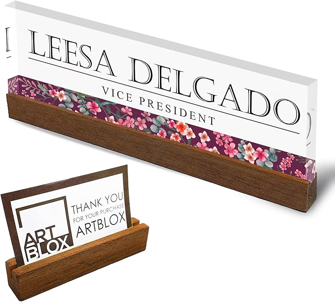 Artblox Personalized Office Desk Name Plate and Business Card Holder | Clear Acrylic Glass with Teak Wood Stand | Wild Flowers Design Customized with Your Name and Credentials Office Desk Décor