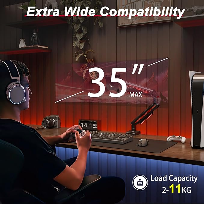 Monitor Arm for 17-35" Screens up to 24.2 lbs, Ergonomic Gas Spring Monitor Stand with Height Adjust, Tilt, Swivel & Cable Management, VESA Desk Mount with 2 Types of Installation, Black