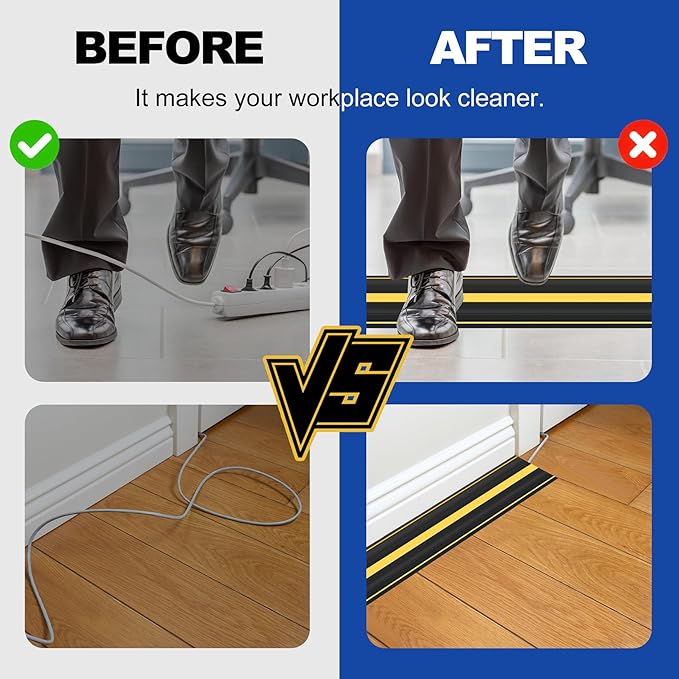 6.5Ft Cord Covers for Wires on Floor, 3-Channel Heavy Duty Floor Cord Cover with Anti-Slip Base & Yellow Warning Strips, Extension Cord Covers for Floor, Ideal for Home, Office, Outdoor Use