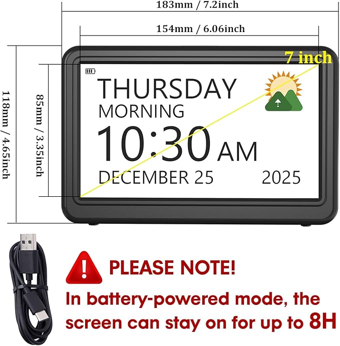 Clock with Day and Date for Elderly Battery Operated, Rechargeable Digital Calendar Clock with 12 Display Modes, 20 Alarms and Medicine Reminders, Dementia Clocks for Seniors Memory Loss Alzheimer's