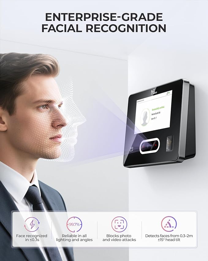 NGTeco Time Clock Cloud-Based with Tuch Screen, 4-in-1 Remote Control Time Clocks for Employees Small Business, Face/Fingerprint/Card/PIN, 2.4GHz&5GHz WiFi, Software & App, 10 IC Cards, 0 Monthly Fee