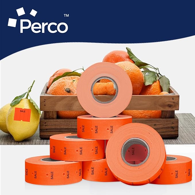Perco 2 Line Fluorescent Red "SALE" Labels - 8 Rolls, 1 Sleeve, 6,000 Blank Price and Date Gun Labels for Perco 2 Line Price and Date Guns - Made in USA