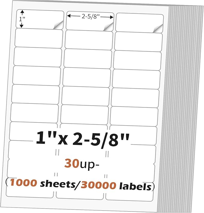 1" x 2 5/8" (1000 Sheets) Address Labels Sticker Paper for Laser/Ink Jet Printer, Printable and Writable White Sticker Label- Matte, 30 per Page Label (Total 30000 Labels)