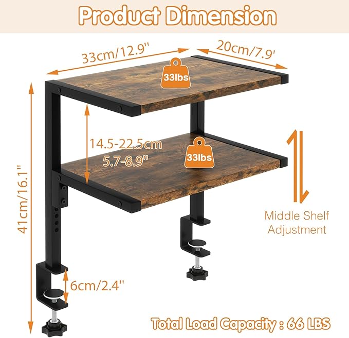 IBUYKE Clamp on Desk Organizer Shelf,12.9 inches Desk Extender Shelves, Above or Below Desk 2-Tier Adjustable Storage Shelves for Desktop Accessories,Rustic Brown,TMZ007H