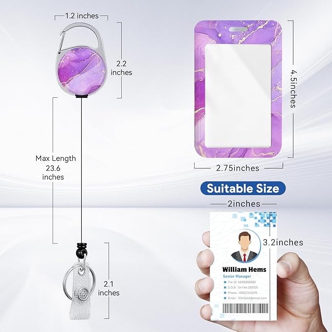 2 Pack Marble ID Badge Holder with Heavy Duty Retractable Reel Keychain for WomenStudents,Teachers, Nurses, Office Use 3