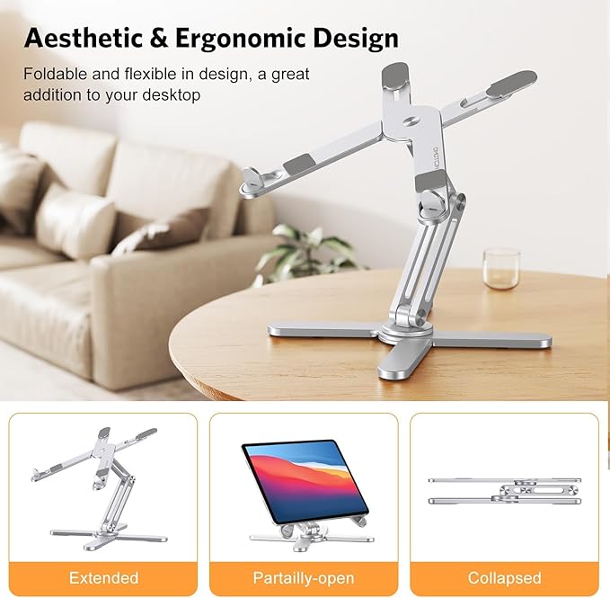 OMOTON 360° Rotating Laptop Stand Riser for Desk, Ergonomic Foldable Computer Stand Adjustable Height Angles for Collaborative Work, Easy Storage Fit Macbooks,All Laptops up to 16 inches, Silver