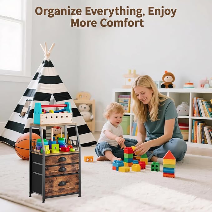 LASZOLA 3 Fabric Drawers Organizer Tower with 6 Hooks and 2 Shelves, Small End Side Table for Printer with Chest of Files Drawers, Ideal for Bedroom Living Room Office Dorm Under Desk, Rustic Bronze