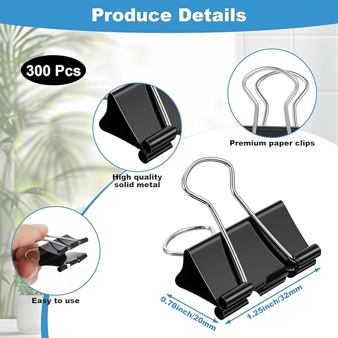 Afcabakila 300 Pcs Medium Binder Clips, 1.25 Inch Black Paper Clips Office Supplies Paper Clamps for Teachers Home Business Paperwork Supplies