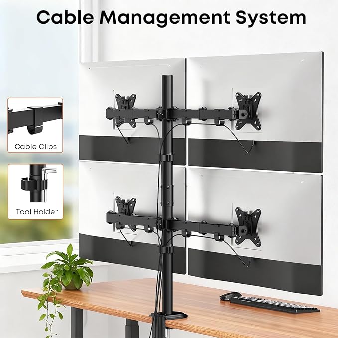 PUTORSEN Quad Monitor Stand, 4 Monitor Desk Mount for 17 to 32 Inch Screens, Heavy Duty Fully Adjustable Desk Arm with 31.7" Height, VESA 75/100 mm, fits C-Clamp & Grommet Base
