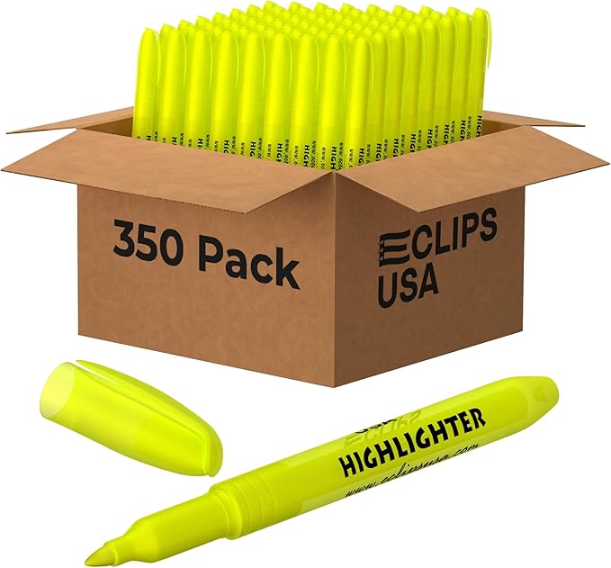 E-CLIPS USA Highlighters Bulk, Slim Yellow Highlighter Markers, Fine Tip, Fluorescent Yellow, Office Supplies, School Supplies (350 Pack)