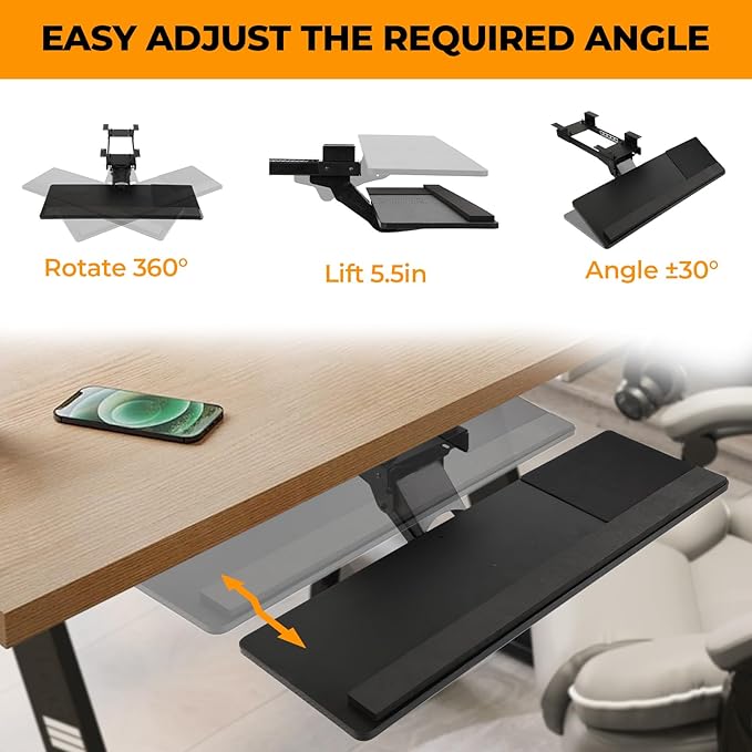 Keyboard Tray - Under Desk Keyboard Tray， 360° Adjustable Slide Out Keyboard Tray Under Desk with Mouse Pad & Wrist Rest， Ergonomic Design Improves Bad Sitting Posture
