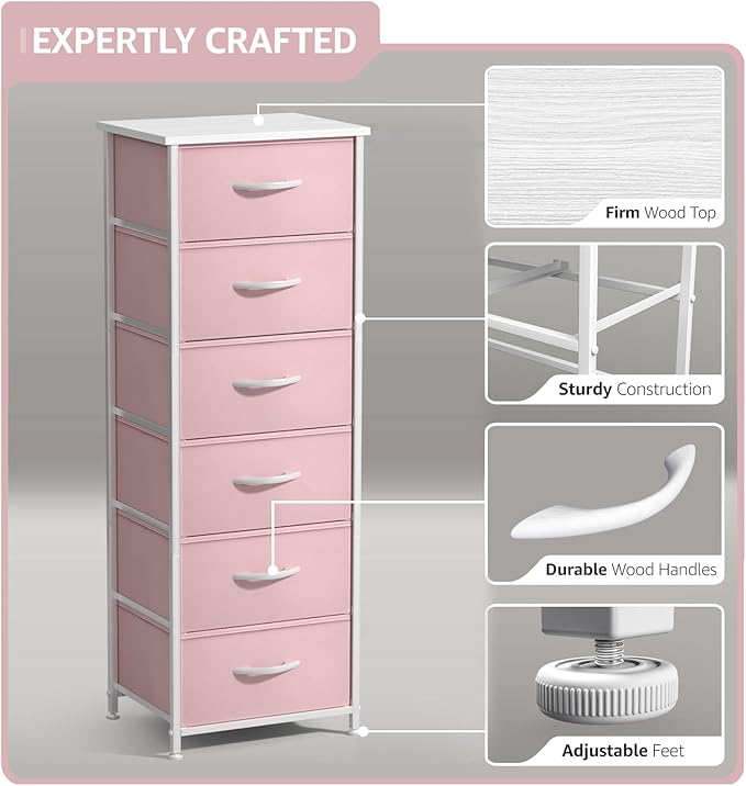 Sorbus Fabric Dresser for Kids Bedroom - Chest of 6 Drawers, Tall Storage Tower, Clothing Organizer, for Closet, for Playroom, for Nursery, Steel Frame, Fabric Bins - Wood Handle (Pink)