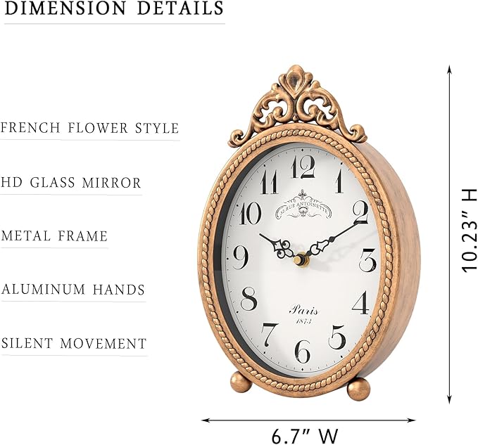 Abdurey Vintage Table Clock on Stand, Desk and Shelf Decorative Clock, French Rustic Style Antique Gold Mantel Clocks for Living Room,Farmhouse,Bedroom,Bedside,Gift Clocks