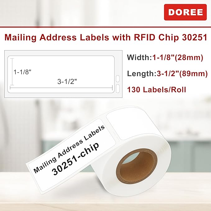DOREE 2-Roll 1-1/8" x 3-1/2" Mailing Address Labels 30251 with chip,Compatible with LabelWriter 550 5XL 450 4XL Label Printers.(30251-chip LabelWriter Address Labels,White, 2-Rolls Total 260)