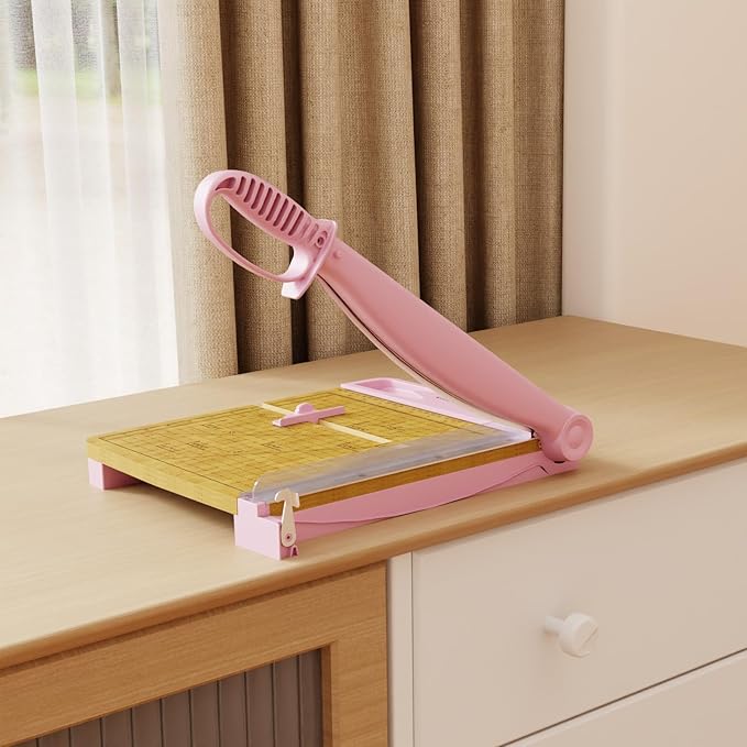 12 Inch Heavy Duty Paper Cutter, Wood Guillotine Paper Cutter & Paper Trimmer, 30 Sheets Capacity Paper Cutting Board for Classroom, Crafting, Cardstock Pink