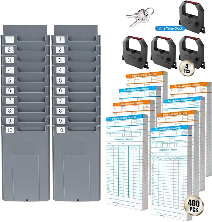 TooCust Time Clock Bundle with 400 Time Cards, 4 Ink Ribbons, 2 Ten-Slot Time Card Racks, & 2 Security Keys, Auto-Align Time Clocks for Employees Small Business