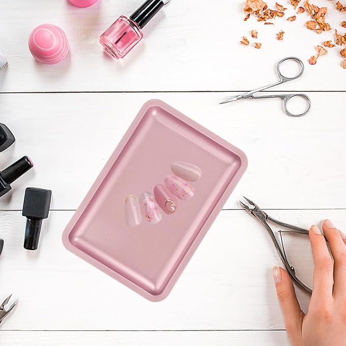 Stainless Steel Jewelry Storage Tray with Four Support Feet Stable and Spacious Trinket Plate Organizer for Nail Tools and Small Accessories Pink Decorative Catchall for Desktop