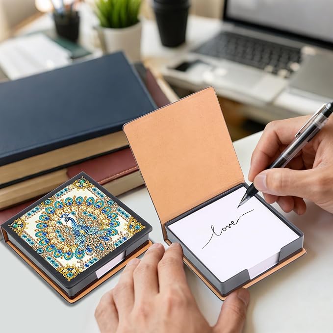Peacock Diamond Painting Kit Note Box,Memo Paper Storage Box Diamond Art,Sticky Note Holder Diamond Art,Diamond Painting Memo Pad For Office Desk. (Peacock)