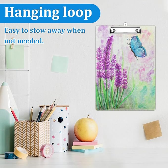 Watercolor Blue Butterfly Lavender Flower Clipboard Decorative Clip Board with Metal Clip A4 Standard Size 12.5" X 8.7" for Teacher Students Nurses Office