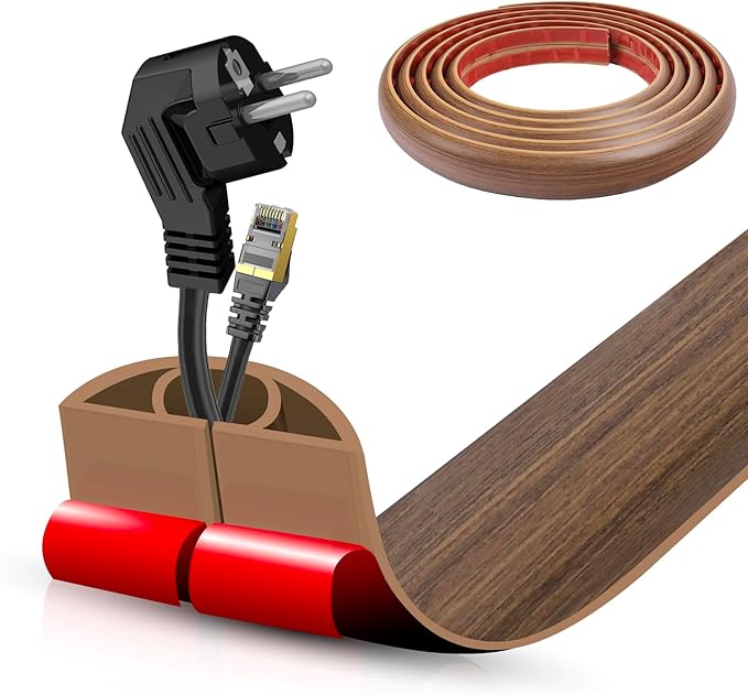 Floor Cord Cover Cable Cavity Self Adhesive Cord Hider Floor 10FT Floor Cable Management Power Cord Protector Floor Electric Cord Covers for Offices, Gym, Exhibitions (Misty Brown Wood, 1.57" x 10')