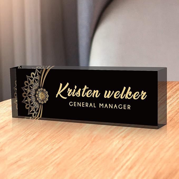SalaGraphics Desk Name Plate Personalized, Custom for Desk, Office Decor Women Men, Acrylic Accessories, Gifts Coworkers Boss Teacher, Employee Appreciation (Black Flower), 8''(L)x2.5(W)