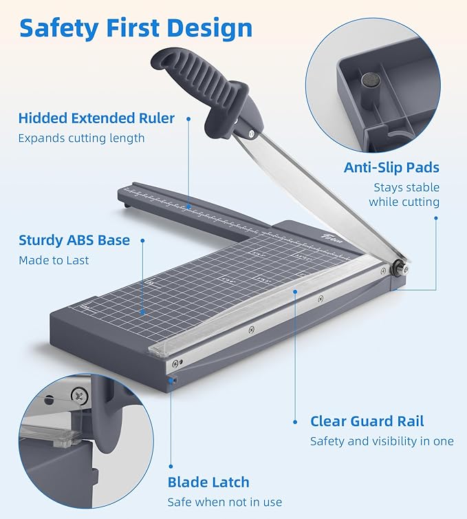 Firbon 12" Guillotine Paper Cutter with Hidden Ruler, Compact Heavy Duty 12-Sheet Capacity Trimmer for Cardstock, Photos, Scrapbooking, Office, Classroom, Studio (Gray)
