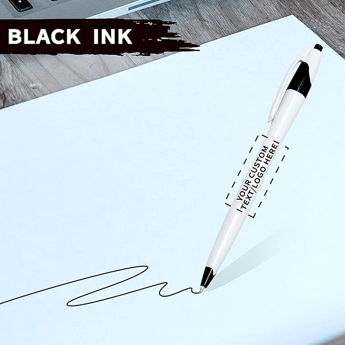 DISCOUNT PROMOS Custom Slim Curvy Ballpoint Pens Set of 10, Personalized Bulk Pack - Black Ink, Retractable, Great for Office, School, Tradeshows - Black