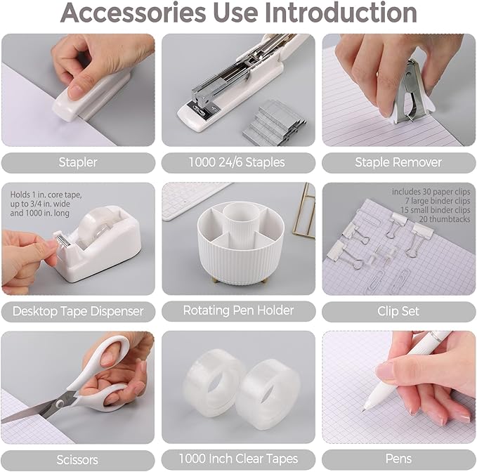 SKYDUE White Office Supplies Set, Office Desk Accessories 10PCS, Pencil Holder for Desk, Stapler, Tape Dispenser, Scissors, Ruler, Binder/Paper Clips and 1000pcs Staples,Desk Supplies Set