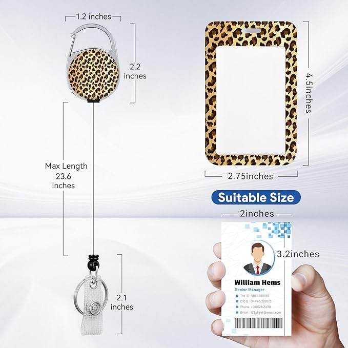 2 Pack Leopard Print ID Badge Holder with Heavy Duty Retractable Reel Keychain for WomenStudents,Teachers, Nurses, Office Use