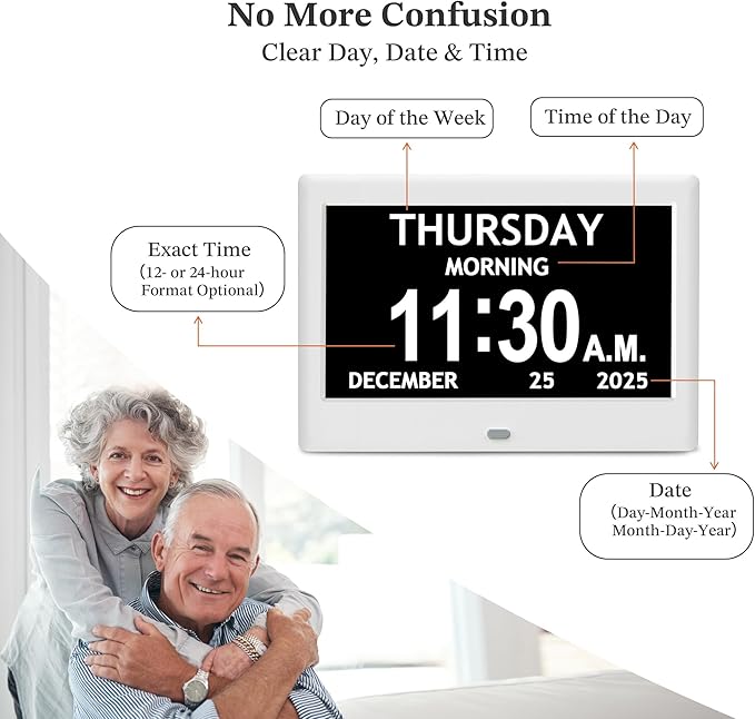 7'' Dementia Clock For Seniors, Large Display Digital Clock With Date, Time, Day Of Week for Elderly, Alzheimer, 1024*600P HD, 10 Reminders & 8 Alarms, Auto Dimming & DST, Remote Control, White