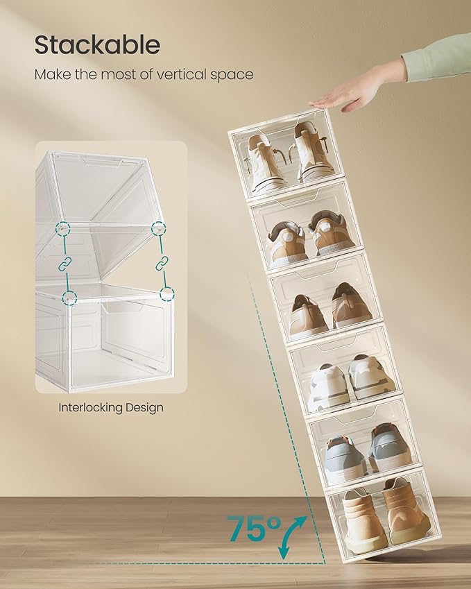 SONGMICS Shoe Boxes, Clear Shoe Organizers, Set of 12, Plastic Shoe Storage with Clear Door, Easy Assembly, up to US Size 13, Transparent White ULSP032W12