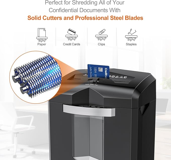 Bonsaii Heavy Duty 18-Sheet Cross-Cut Paper Shredder 60-Minute Runtime 6-Gallon Basket with Casters for Office Use Shreds Credit Cards and Staples