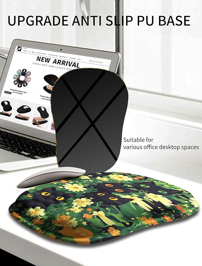 Hokafenle Ergonomic Wrist-Hugging Mouse Pad Wrist Support, U-Shaped Holding Wrist Rest Mousepad for Carpal Tunnel Pain Relief with Cushioned Memory Foam Slope Massage Bulge(10.2x8.3 in,Big Eyed Cat)