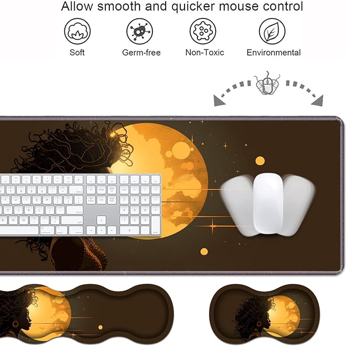 Ergonomic Keyboard Wrist Rest & Mouse Pad Wrist Rest Set, Large XXL Gaming Desk Mat 31.5"x 11.8" with Memory Foam, Easy Typing Pain Relief for Office & Home, African Girl
