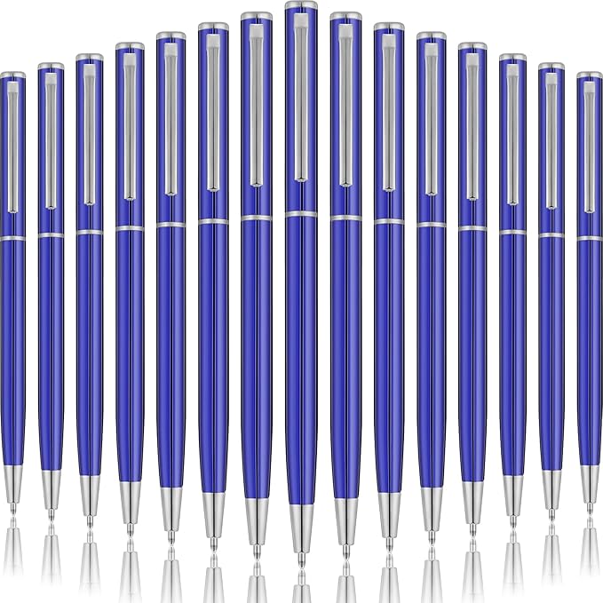Zonon 15 Pieces Blue Metal Slim Ballpoint Pens Bulk Retractable Metallic Black Ink 1 mm Medium Point Smooth Writing Pens for Wedding Business Office Supplies Students Teachers Men Women Present